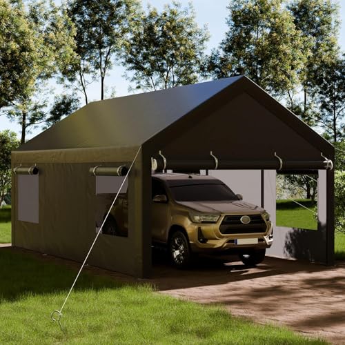 Shintenchi 12x20 FT Heavy-Duty Design Carport,Portable Garage Canopy,Carport Canopy with Side-Opening Removable Door & Roll-Up Window,Portable Car Port for Car, Truck, Boat,Grey Shintenchi