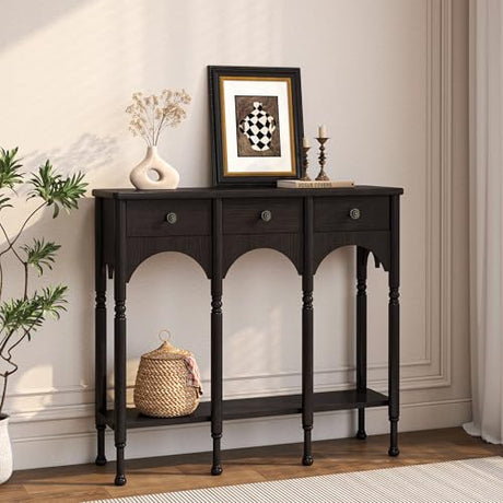 Topbele Console Table with 2 Drawers & Shelf, 40" Mid-Century Modern Entryway Table, Retro 2-Tier Sofa Table, Wooden Accent Table for Living Room, Hallway, Black Topbele