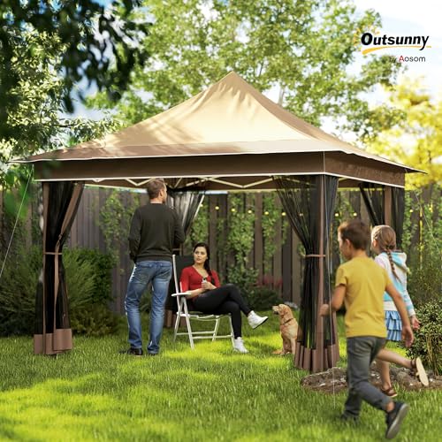 Outsunny 12 x 12 ft. Pop Up Canopy Tent with Mesh Netting, UPF50+ Instant Sun Shelter with Carry Bag, Height Adjustable Party Tent Instant Event Shelter for Garden, Patio, Beige Outsunny