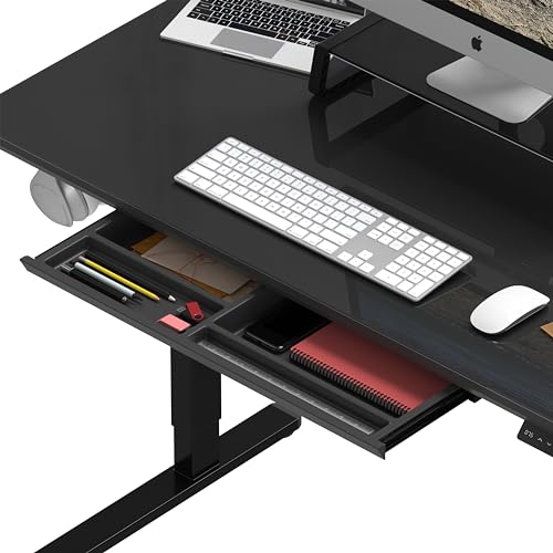 SHW 48x24 Glass Electric Height Adjustable Standing Desk – Motorized Sit Stand Desk with Monitor Riser, Pull-Out Drawer, Memory Presets, Black SHW