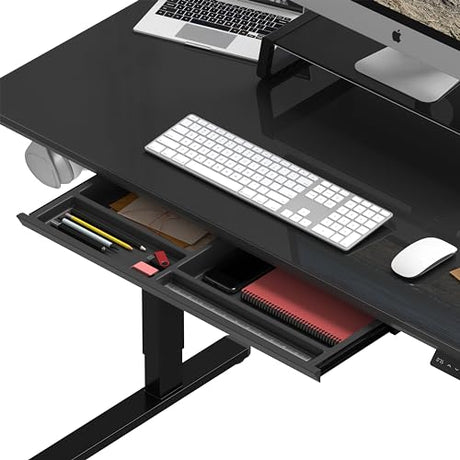 SHW 48x24 Glass Electric Height Adjustable Standing Desk – Motorized Sit Stand Desk with Monitor Riser, Pull-Out Drawer, Memory Presets, Black SHW