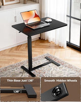 Overbed Bedside Table with Hidden Casters, Adjustable Pneumatic Mobile Laptop Computer Standing Desk, Rolling Laptop Table, Movable Overbed Table Hospital Home Use, Black Simple Deluxe