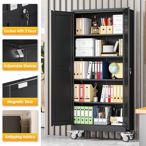 PAOFIN 71''H Tall Metal Garage Storage Cabinet with Wheels,Steel File Cabinets with 2 Doors and 4 Adjustable Shelves for Home Office, Warehouse, Required Assembly,Black PAOFIN