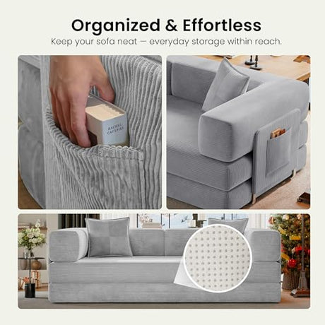 CUBENTE 78.8" Convertible Futon Sofa Bed,Corduroy Futon Couch with Storage Pocket,Folding Pull Out Sofa,No Assembly Boneless Couch for Living Room,Grey CUBENTE