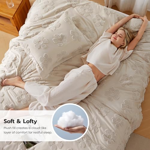 Joiedomi Tufted Full Size Comforter Set, 3 Pieces Beige Boho Full Bedding Set with 1 Boho Flower Comforter and 2 Pillow Shams, Bed in a Bag for All Seasons Joiedomi