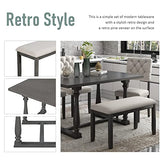 Merax 6 Piece Kitchen Dining Table Set, Wooden Rectangular Dining Table with Upholstered Bench and 4 Chairs, Dining Room Table Set for 6 People, Living Room Furniture (Gray, Beige Cushions) Merax
