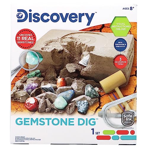 Discovery Kids Gemstone Dig Stem Science Kit by Horizon Group Usa, Excavate, Dig & Reveal 11 Real Gemstones, Includes Goggles, Excavation Tools, Streak Plate, Magnifying Glass & More Discovery Kids