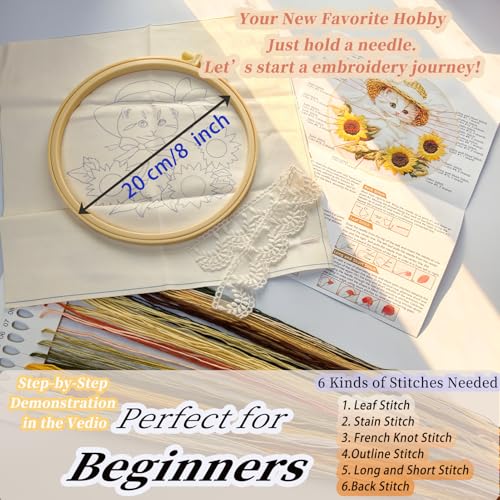 FONNUY White Kitten Embroidery Kit, Sunflowers Cat Lace Hat Cross Stitch Kits for Beginners, Handmade Crafts with Printed Patterns for Adults, Color Thread Needlework, 8'' Hoop (Cat 01)