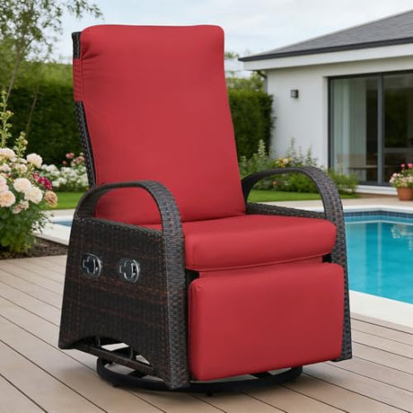Skypatio Outdoor Patio Swivel Recliner Chair, Independently Adjustable Backrest and Footrest Patio Wicker Reclining Lounge Chair with Flip Side Table for Indoor, Balcony, Porch(Red) Skypatio