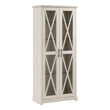 Bush Furniture Lennox Farmhouse Curio Cabinet with Glass Doors and Shelves in Linen White Oak | Tall 5 Shelf Display Case for Living Room or Home Office Bush Home