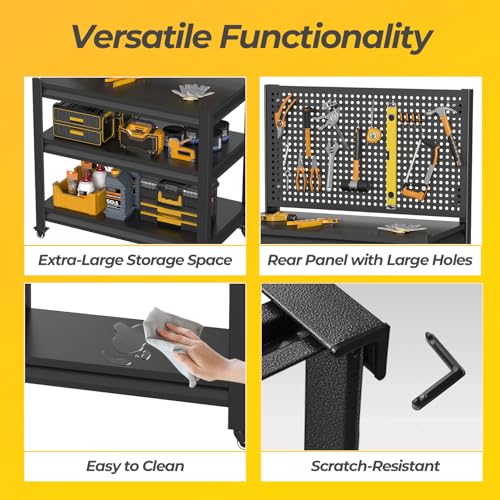 Work Bench with Pegboard,Heavy Duty Workbench with Wheels Adjustable Shelves,Tool Cart,Work Table for Garage Warehouse47.2 H*33.46" W*18" D PLMFJQK