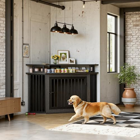 IRONCK 51" Corner Wooden Dog Crate Furniture with 2-Tier Shelves, Pet Kennel for Large Dogs, Space-Saving Dog Cage Indoor, Rustic Brown (26.7" L x 51.2" W x 33.5" H) IRONCK