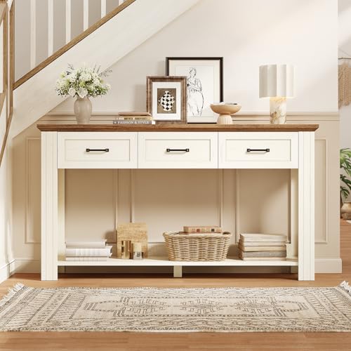 ANGRYWIN 55" Farmhouse Console Table with 3 Drawers, Rustic Entryway Table with Open Shelf, Sofa Tables Behind Couch for Entrance, Living Room, Hallway, White ANGRYWIN