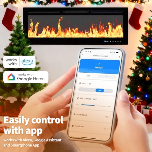50" Smart Electric Fireplace Wall Mount, 1500w Heater with Remote Control & Timer, 12 Color LED Flame Effect, Touch Screen, for Living Room Bedroom Indoor Use PeacefulHues