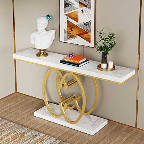 LITTLE TREE 55-Inch Gold Console Table for Entryway, Modern Faux Marble Foyer Table with Geometric Metal Legs, Narrow Long Sofa Table for Living Room LITTLE TREE