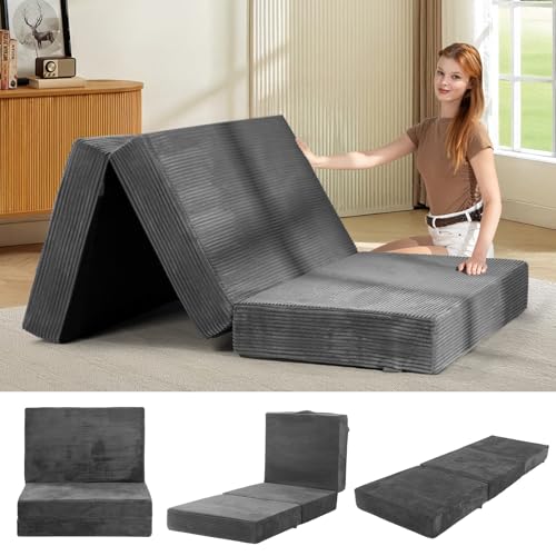 feliz home 6-Inch Tri-Fold Mattress Twin Size - Foldable Futon Sofa Bed with Removable Washable Cover, Folding Memory Foam Futon Mattress | Non-Slip Bottom & Carry Handles for Guest, Camping, Dorm feliz home