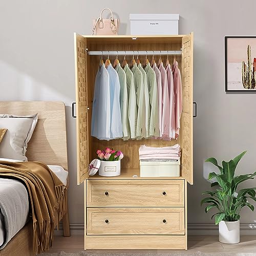 LEVNARY Armoire Wardrobe Closet with 2 Woven Doors, Wardrobe Cabinet with 2 Storage Drawers and Hanging Rail, Freestanding Wooden Closet for Bedroom (Natural) LEVNARY