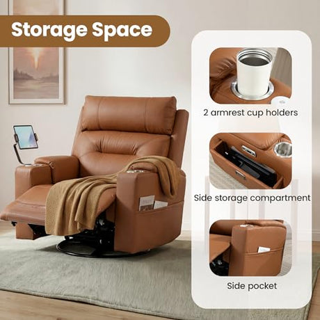 PU Leather Power Swivel Glider Recliner w/ Adjustable Headrest & Lumbar, Electric Nursery Rocking Chairs with Side Storage Space, USB Port, Phone Stand, Stry Table, Cup Holder for Nursery & Home,Brown FiveWillowise