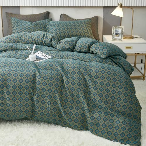 VM VOUGEMARKET Linen Cotton Duvet Cover Queen,3 Pcs Yarn-Dyed Textured Duvet Cover Set Green Flower Geometric Bedding Set,Ultra Soft and Breathable Comforter Cover Set VM VOUGEMARKET
