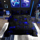 Erosebridal Black Navy Royal Blue Comforter Set Twin Neon Geometric Checkered Bedding Set for Teen Boys Gamer Room Decor,Abstract Stereoscopic Grids Quilt Square Plaid Check Bed Set 2 Pcs Erosebridal