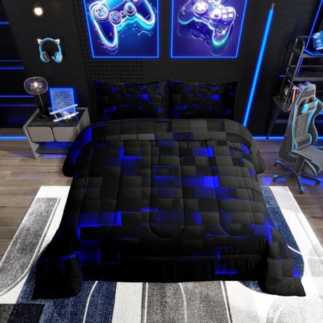 Erosebridal Black Navy Royal Blue Comforter Set Full Neon Geometric Checkered Bedding Set for Teen Boys Gamer Room Decor,Abstract Stereoscopic Grids Quilt Square Plaid Check Bed Set 3 Pcs Erosebridal