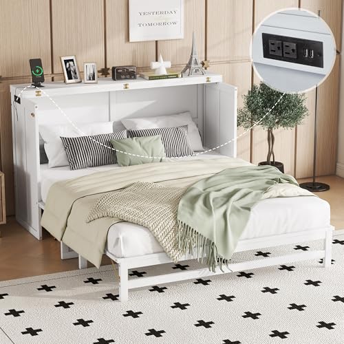 DNChuan Queen Size Murphy Cabinet Bed with 2 Storage Drawers and USB-Port,Foldable Murphy Horizontal Platform Bed,Dresser Bed,Space Saving,No Box Spring Needed,White DNChuan