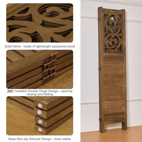 Svimi Folding Room Divider, 5.6Ft 4 Panels Wood Carved Privacy Screens, Free Assembled Freestanding Portable Reversible Functional Decorative Partition for Home Office Restaurant Bedroom (Brown) Svimi