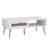 Wooden Mid Century Modern Coffee Table, Retangle Coffee Table with Sliding Door for Living Room, White KACVON