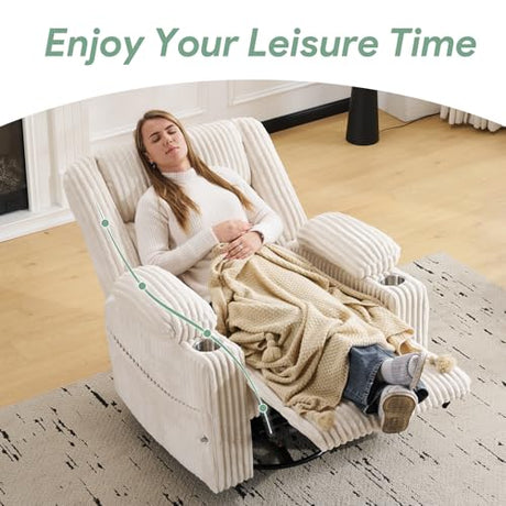 Power Recliner Chair with Massage and Heat, Oversized Swivel Rocker Recliner for Adults with Adjustable Headrest, Nursery Glider with Arm Storage and Cup Holder, Beige RUTOX