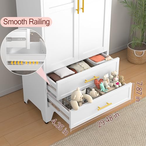 Metal Wardrobe Closet with 2 Doors & 2 Drawers, 71" Tall Armoire Wardrobe Closet with Hanging Rods and Adjustable Shelf, Steel Wardrobe Storage Cabinet for Bedroom-White winiowa