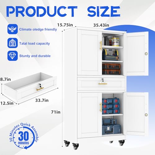 GAIOUS 71” Tall Metal Garage Storage Cabinet with Wheels and Drawer, Steel File Cabinet for Home Office, Tool Cabinet with 4 Locking Doors and 3 Adjustable Shelves, Rolling Cabinet for Garage - White GAIOUS