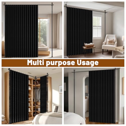 AJAZZ Room Divider Curtain (Black, W100 x L84 in, 1 Panel)+ Tension Curtain Rod No Drilling (H) 43-120×(W) 35-100 in, for Privacy/Soundproof Curtains, Heavy Duty Wall Separator AJAZZ