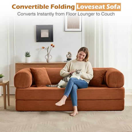 CozySpot Sofa Bed, 79" Convertible Sleeper Sofa with Pull Out Bed, 5-in-1 Folding Corduroy Futon Couch, Modular Loveseat Sofa Bed for Living Room, Bedroom & Apartment, Brown CozySpot