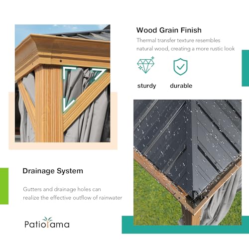 Patiorama 12’ x 16’ Hardtop Gazebo, Outdoor Wood Grain Frame Aluminum Gazebo with Galvanized Steel Double Vented Roof Canopy, W/Shaded Curtains and Netting, Pergola for Patio, Yard, Garden (Grey) Patiorama