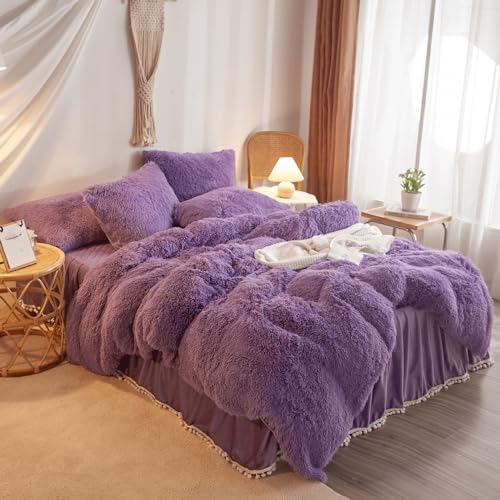 HAIHUA Faux Fur Purple Comforter Cover Queen Set, Soft Fuzzy Plush Purple Bedding Queen Set 3 Pieces (1 Furry Duvet Cover + 2 Fluffy Pillow Cases) Shaggy Bed Set, Zipper Closure HAIHUA