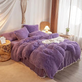 HAIHUA Faux Fur Purple Comforter Cover Queen Set, Soft Fuzzy Plush Purple Bedding Queen Set 3 Pieces (1 Furry Duvet Cover + 2 Fluffy Pillow Cases) Shaggy Bed Set, Zipper Closure HAIHUA