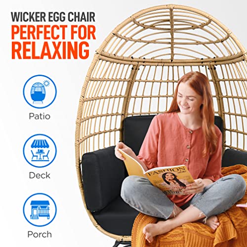 SereneLife Wicker Rattan Egg Chair with Cushions, Indoor Outdoor Egg Chair with Steel Frame and Washable Pillows, Woven Texture, Comfortable Design for Porch, Deck, Garden, or Room, Holds Up to 440lbs SereneLife