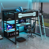 Harper & Bright Designs Full Size Wood Gaming Loft Bed with Desk and Storage Shelves, Modern Low Loft Bed Frame with LED Lights, USB Ports and Pegboard for Kids Teens Adults, Black+Blue Harper & Bright Designs