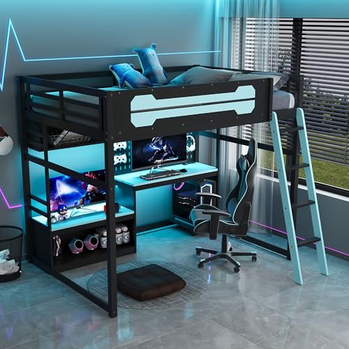 Merax Full Size Wood Loft Bed with Desk, Storage Shelves and Pegboard, Gaming Loft Bed with Light and USB Ports, Black+Blue Wooden Bed Frame Merax