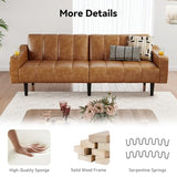 Brelice 80'' Leather Couch, Futon Sofa Bed, Faux Leather Couch with Adjustable Backrest, 2 Cup Holders & Side Pockets, Mid Century Modern Sofa for Living Room, Bedroom, Brown Brelice