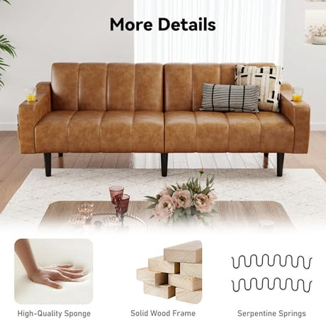 Amerimores Futon Sofa Bed, 80" Faux Leather Couch, Sleeper Sofa Bed with Adjustable Backrest& Storage, Mid Century Modern Loveseat Couch for Living Room, Bedroom and Small Spaces, Brown Amerimores