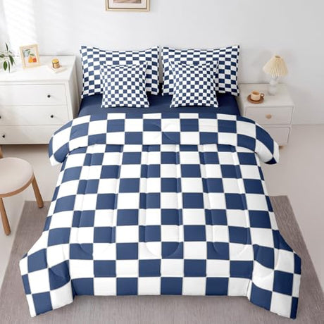 Erosebridal White Blue Plaid Full Comforter Set with Sheets 7 Piece Navy Blue Checkerboard Bedding Set for Kids Boys Teen,Checkered Grid Bed in A Bag Modern Aesthetic Geometric Bed Set Erosebridal