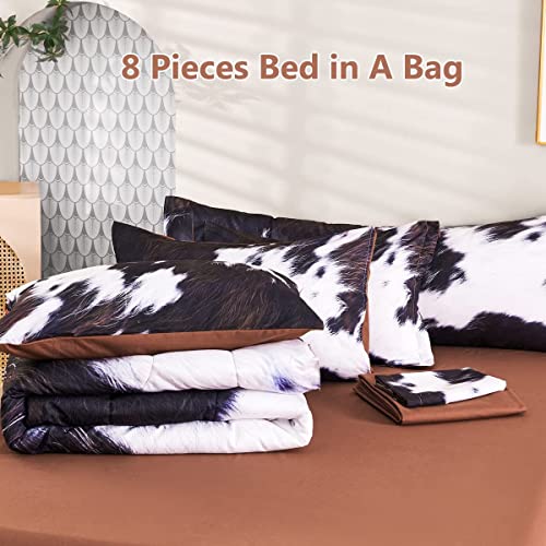 SUCSES King Size Comforter Set 8 Pieces Western Farmhouse Style Bedding Set Highland Rustic Cow Fur Print Bed in A Bag Comforter Set with Sheets (Cow Fur Pattern, King) SUCSES