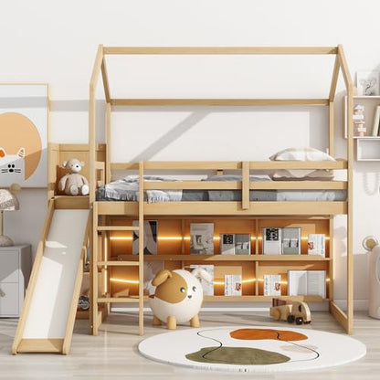 Harper & Bright Designs Kids Twin House Loft Bed with Slide, Storage Shelves, and LED Light - WoodArtSupply