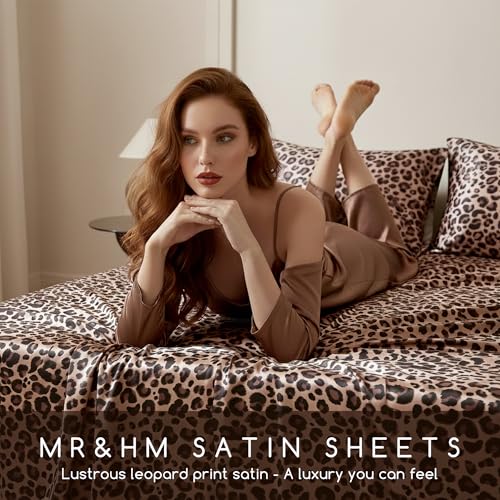 MR&HM Satin Bed Sheets with Elastic Corner Straps, Full Size Sheets Set, 4 Pcs Silky Bedding Set with 15 Inches Deep Pocket for Mattress (Full, Brown Leopard) MR&HM