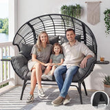 CHINNLUU Double Egg Chair Outdoor Indoor 2 Person Wicker Egg Lounge Chair with Foldable Cup Holder Cushion Rain Cover Patio Oversized Loveseat for Balcony Porch Backyard