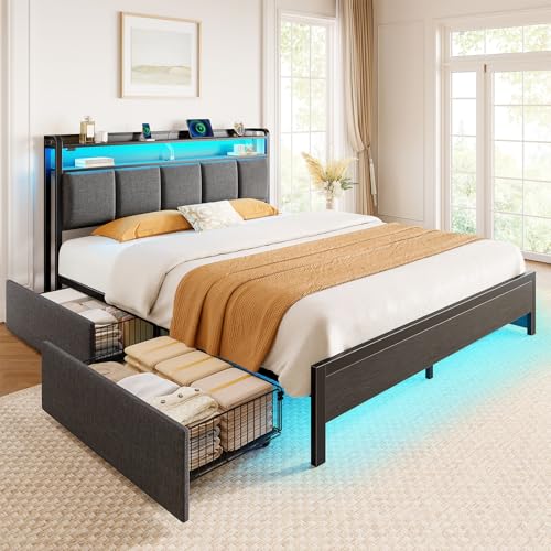 Rolanstar Bed Frame Queen Size with Charging Station and LED Lights, Upholstered Storage Headboard with Drawers, Heavy Duty Metal Slats, No Box Spring Needed, Noise Free, Easy Assembly, Dark Grey Rolanstar