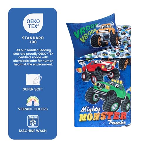 Todays Kids Monster Trucks Toddler Bedding Set for Boys - 4-Piece Toddler Bed Comforter Sets for Boys, Reversible Comforter & Pillowcase, Flat Sheet, Fitted Sheet, Breathable & Super Soft Microfiber Todays Kids