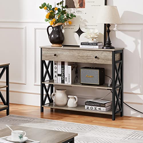 Yaheetech Console Table with Power Outlets and USB Ports, Wooden Entryway Table with Drawer and Open Shelves, Narrow Sofa Tables with Metal Frame for Living Room, Couch, Hallway, Grey Yaheetech