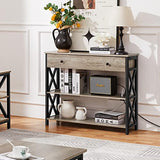 Yaheetech Console Table with Power Outlets and USB Ports, Wooden Entryway Table with Drawer and Open Shelves, Narrow Sofa Tables with Metal Frame for Living Room, Couch, Hallway, Grey Yaheetech